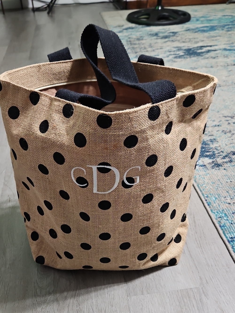 Monogrammed Polka Dot Natural Jute Tote with Black Handles